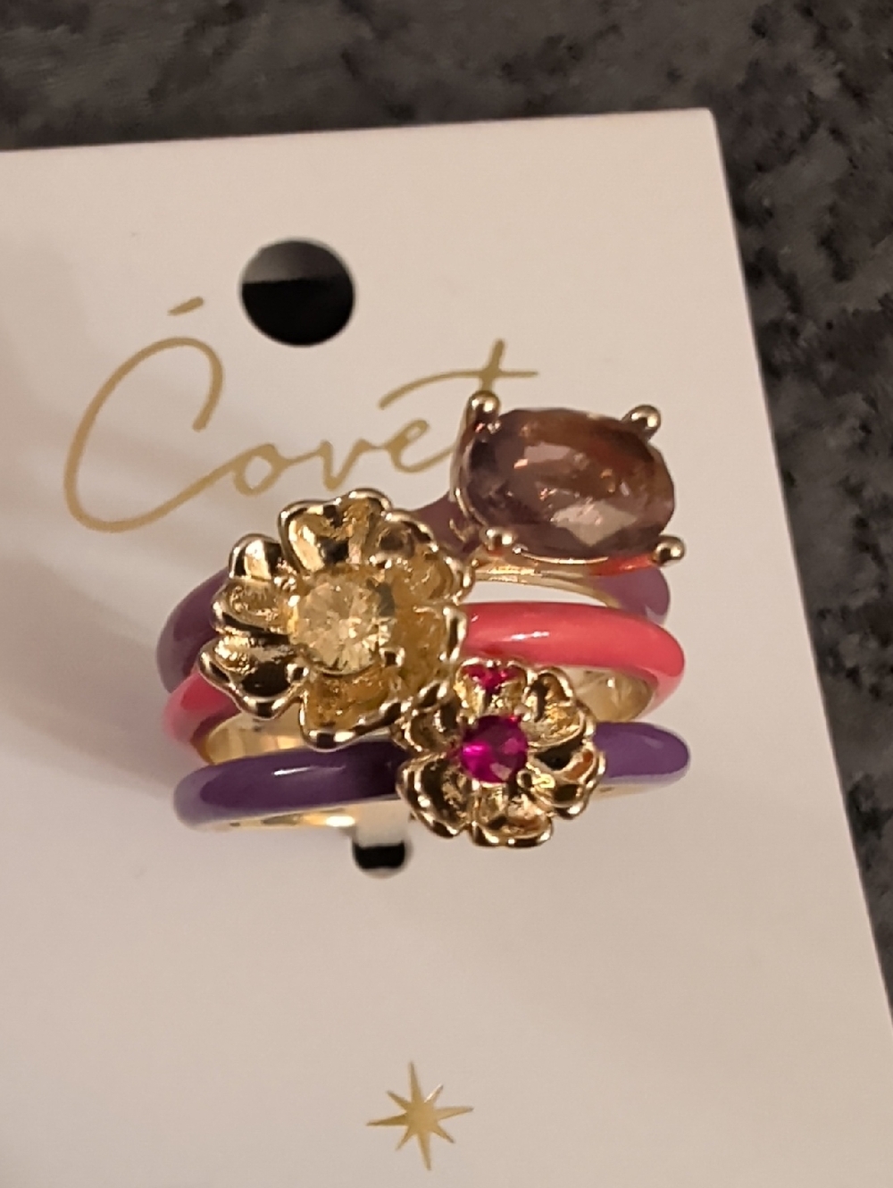 Covet Stacking Rings Lot; 7 Enameled Gold-toned w/ Colored Stones - Picture 4 of 14